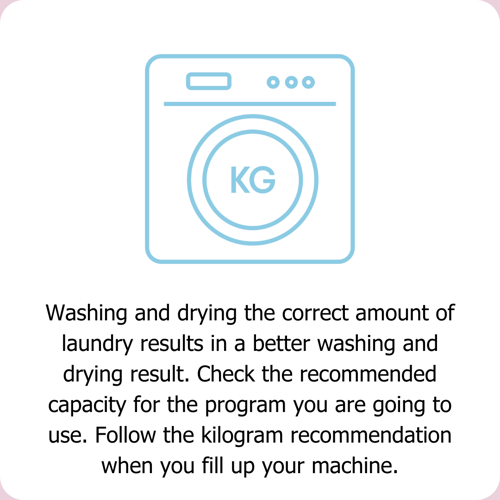 Washing and drying the correct amount of laundry results in a better washing and drying result. Check the recommended capacity for the program you are going to use. Follow the kilogram recommendation when you fill up your machine. 