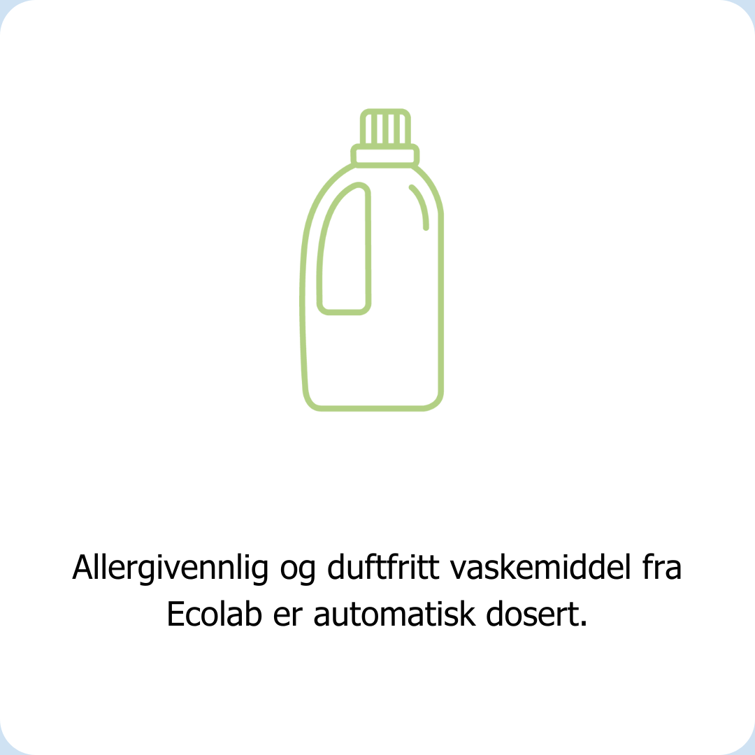 Clean Kokos selvbetjente vaskerier bruker allergivennlig og duftfritt vaskemiddel fra Ecolab. Vaskemiddelet er automatisk dosert.