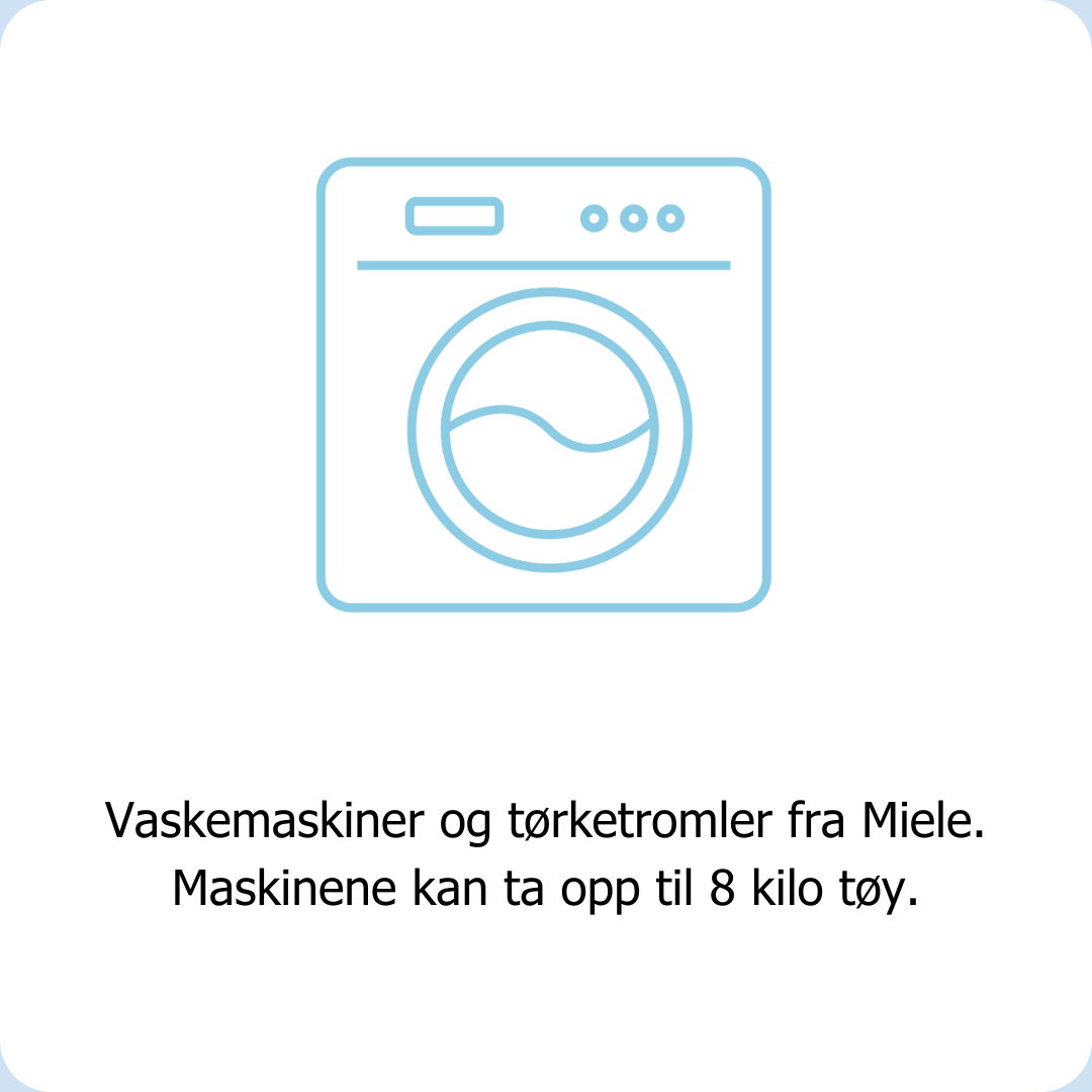 Clean Kokos selvbetjent vaskerier har vaskemaskiner og tørketromler fra Miele. Maskinene tar opptil 8 kilo med tøy. 