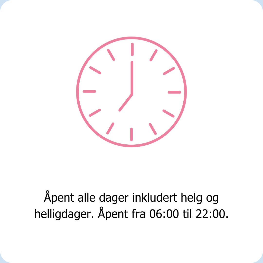 Clean Kokos har åpent alle dager inkludert helg og helligdager. Åpent fra 06:00 til 22:00.